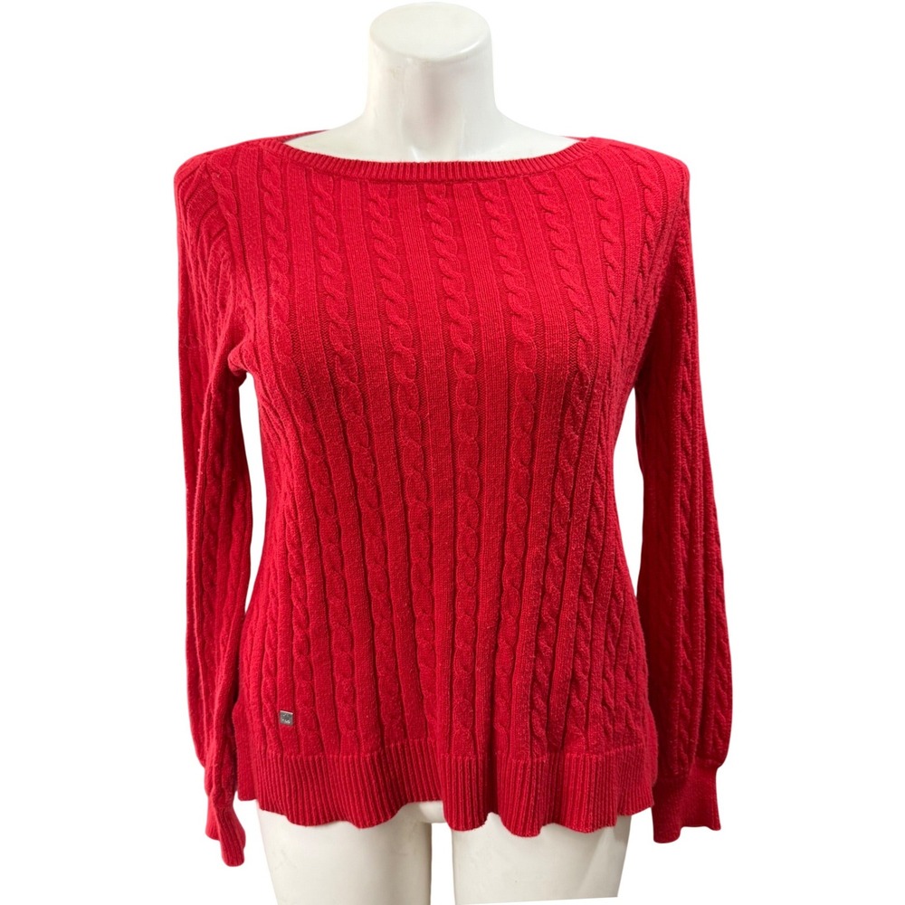 Lauren Ralph Lauren Red Cable Knit Cotton Boat Neck Sweater Large